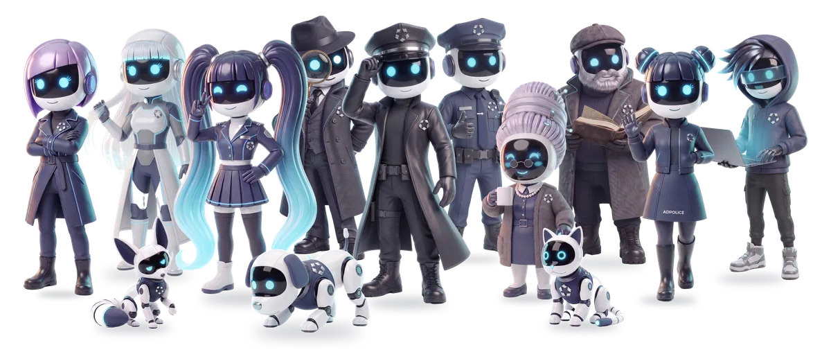 The AdPolice AI crew: ten AI agents in two rows with three robot animals sitting in front