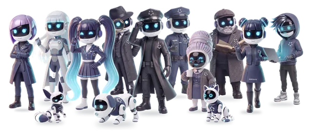 The AdPolice AI crew: ten AI agents in two rows with three robot animals sitting in front